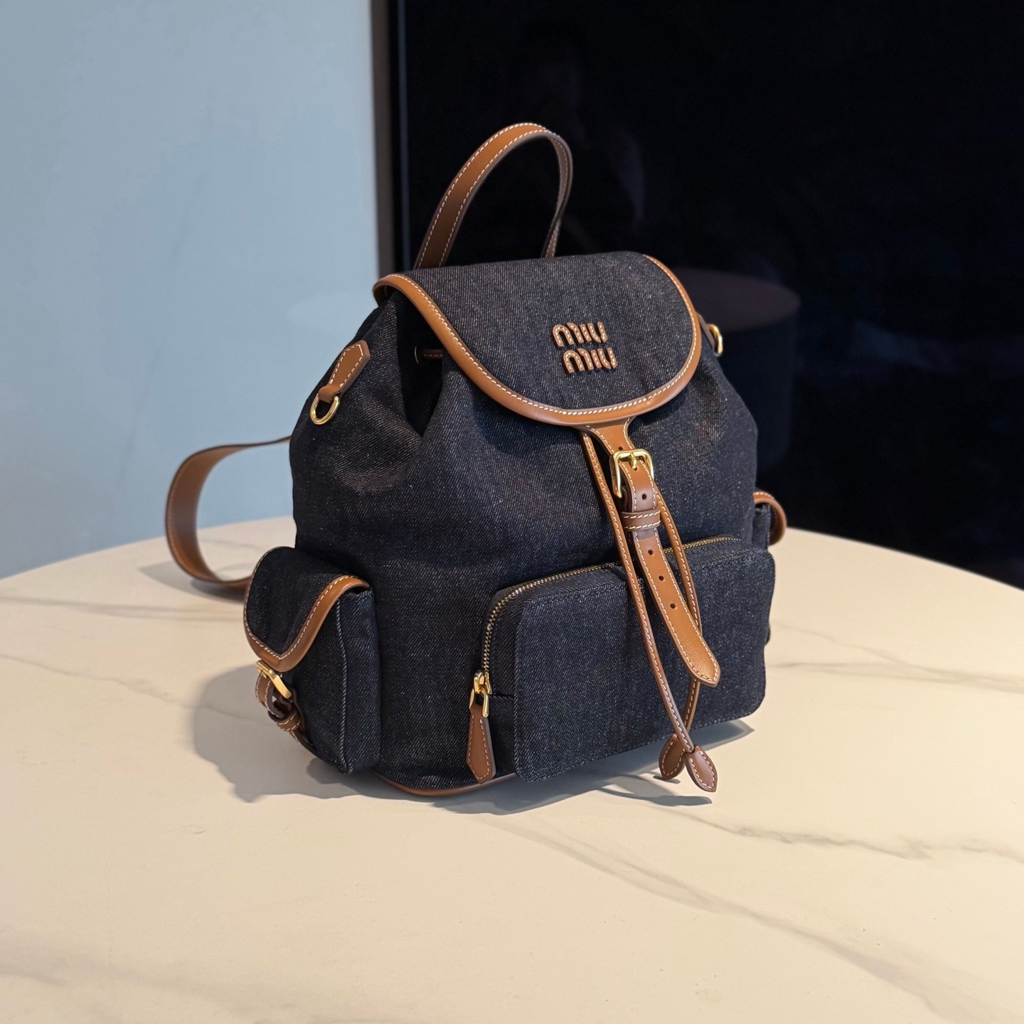 Miu Style 25SS Patchwork Leather Backpack Canvas Cowhide Contrast Design - Image 4