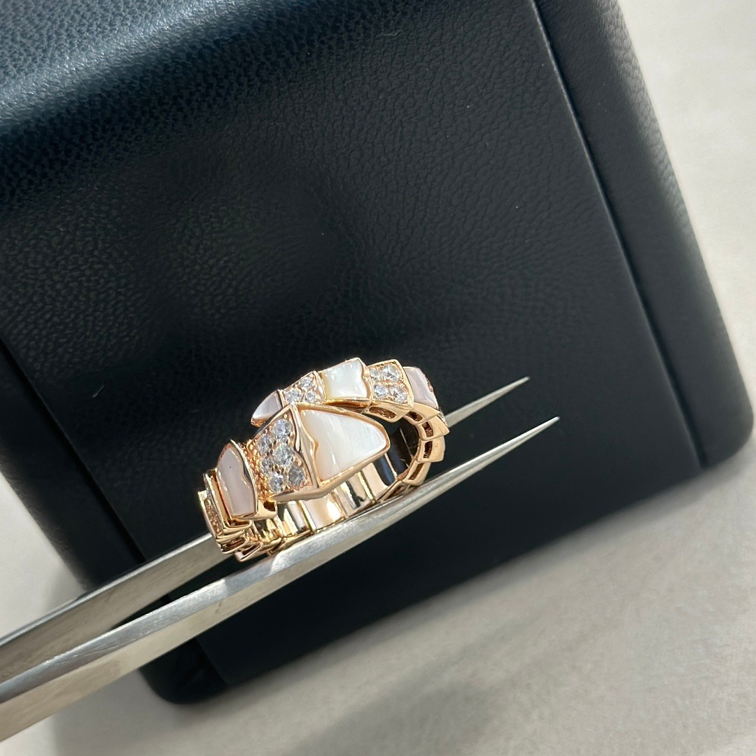 Bvlgari-Inspired Serpenti Ring Sterling Silver White Mother-of-Pearl Snake Head Diamond Open Band - Image 3