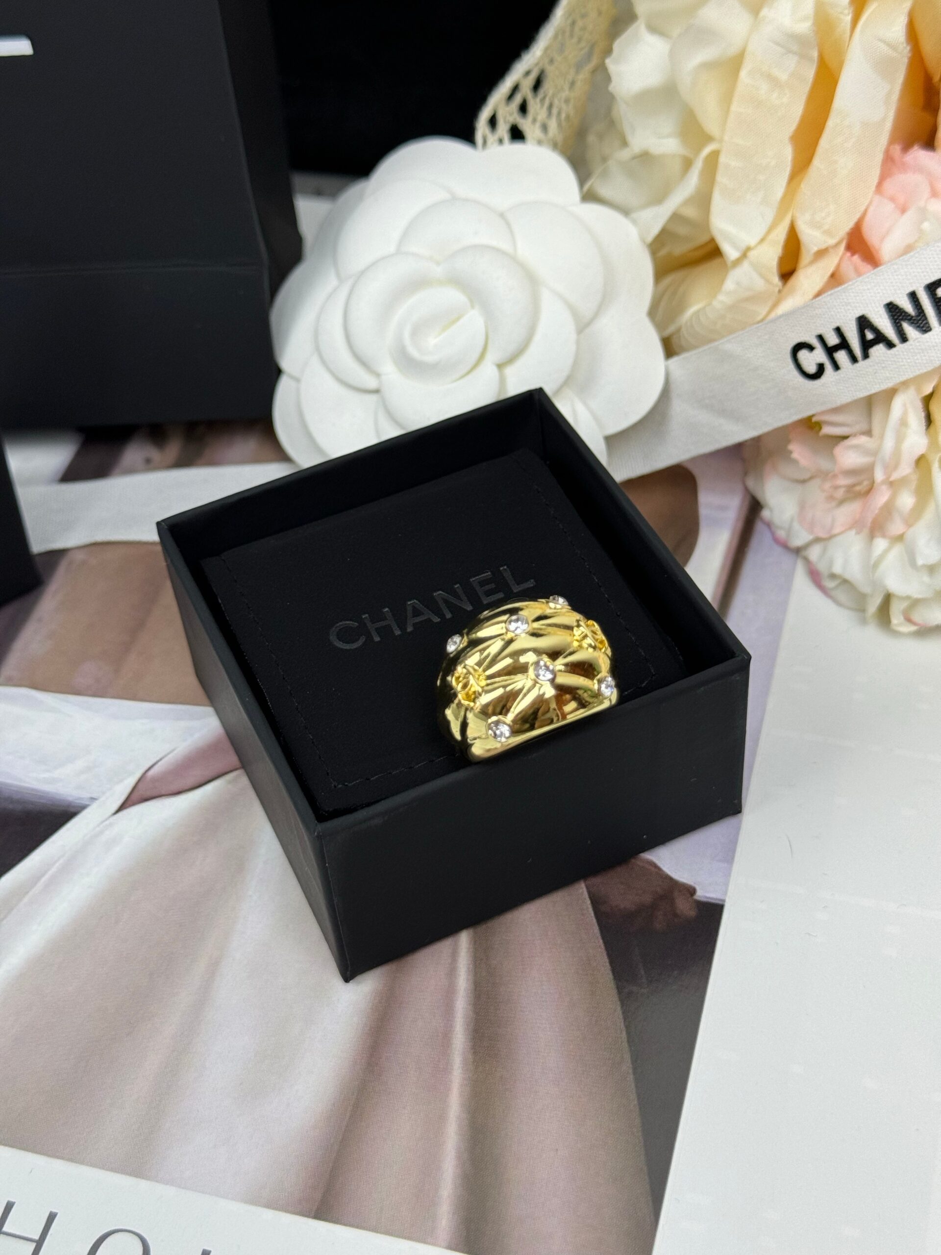 Chanel-Inspired Vintage Quilted Gold Ring with Diamond Detailing Luxury Statement Band - Image 2