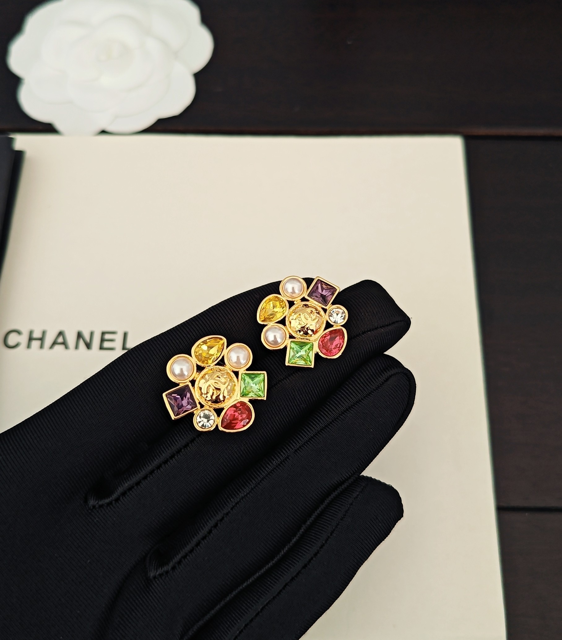 Chanel Style Gold Diamond Pearl Earrings ZP Brass Elegant Luxury Design