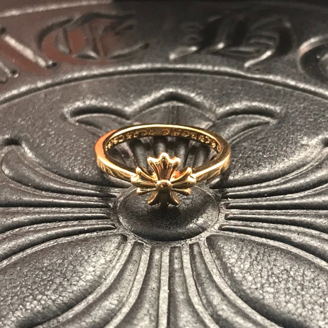 Chrome Hearts-Inspired 22K Gold Square Cross Flower Ring High-Quality Luxury Mini Statement Band