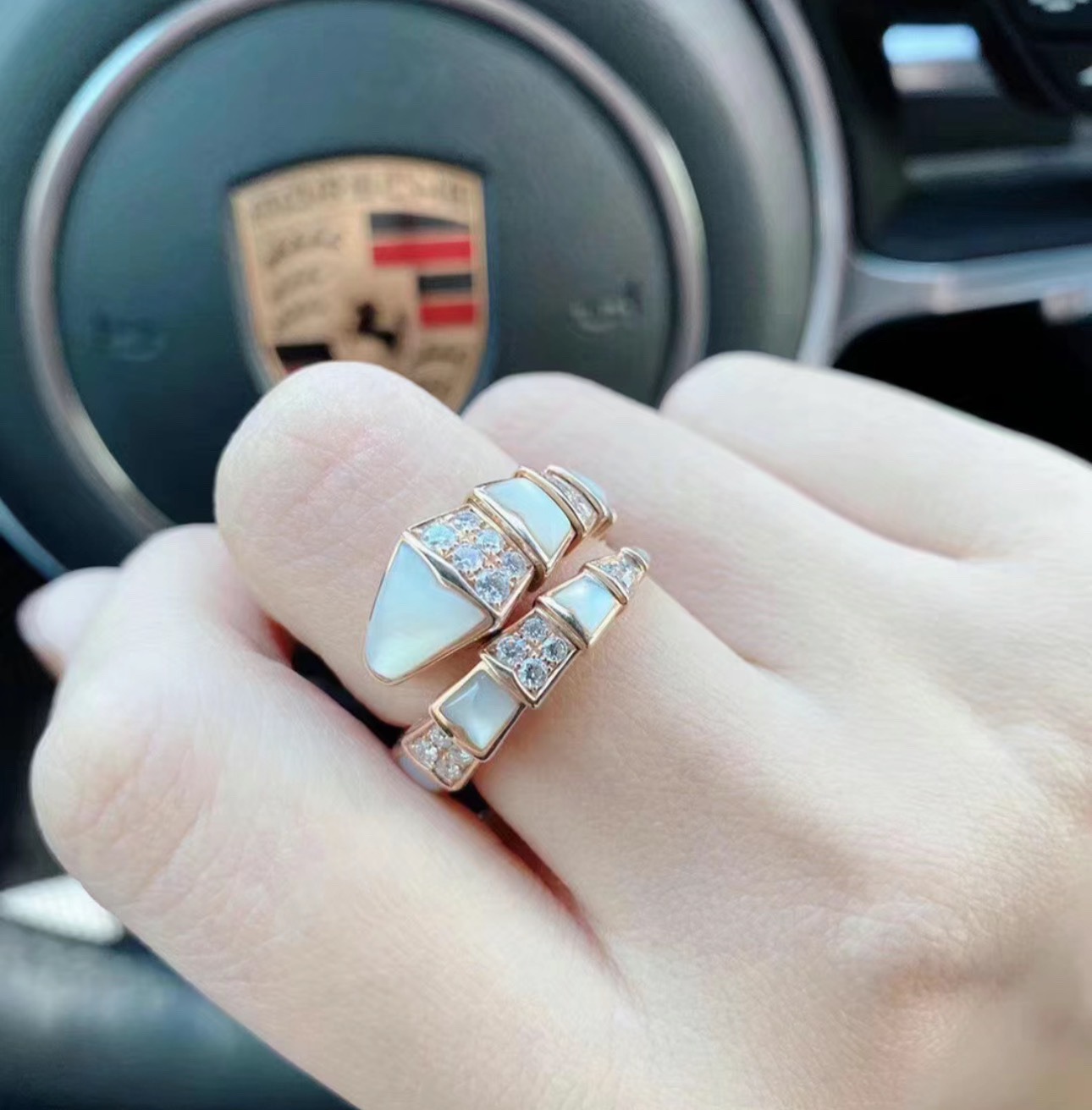 Bvlgari-Inspired Serpenti Ring Sterling Silver White Mother-of-Pearl Snake Head Diamond Open Band - Image 2
