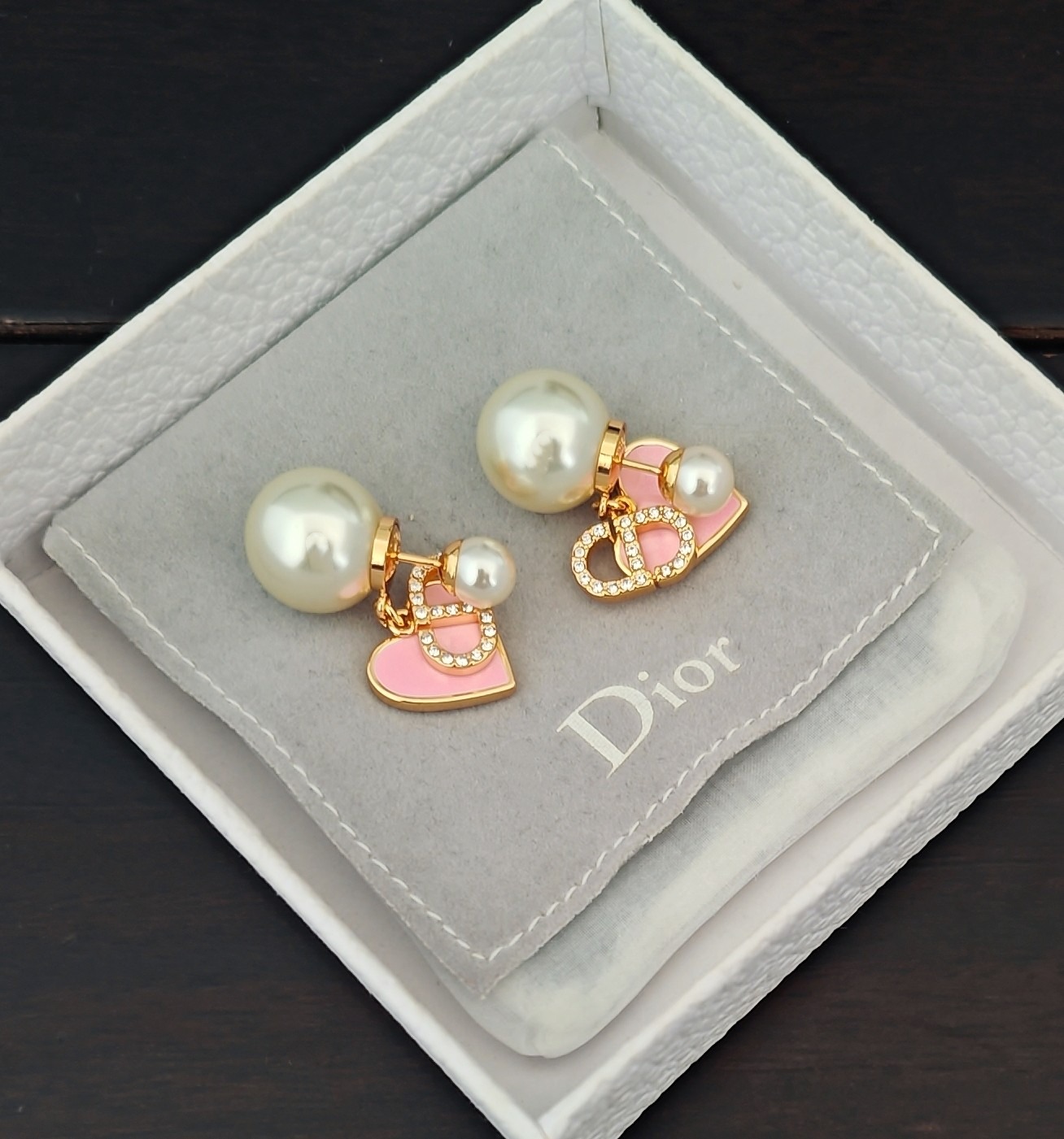 Dior Inspired Pink Heart Pearl Earrings ZP Brass Elegant Design - Image 2