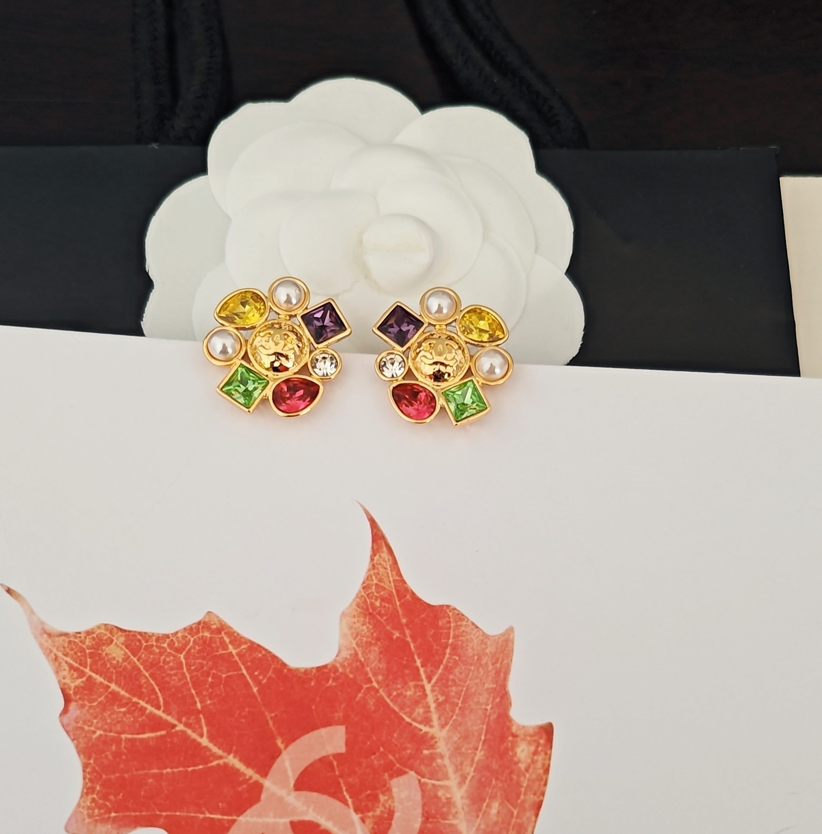 Chanel Style Gold Diamond Pearl Earrings ZP Brass Elegant Luxury Design - Image 3