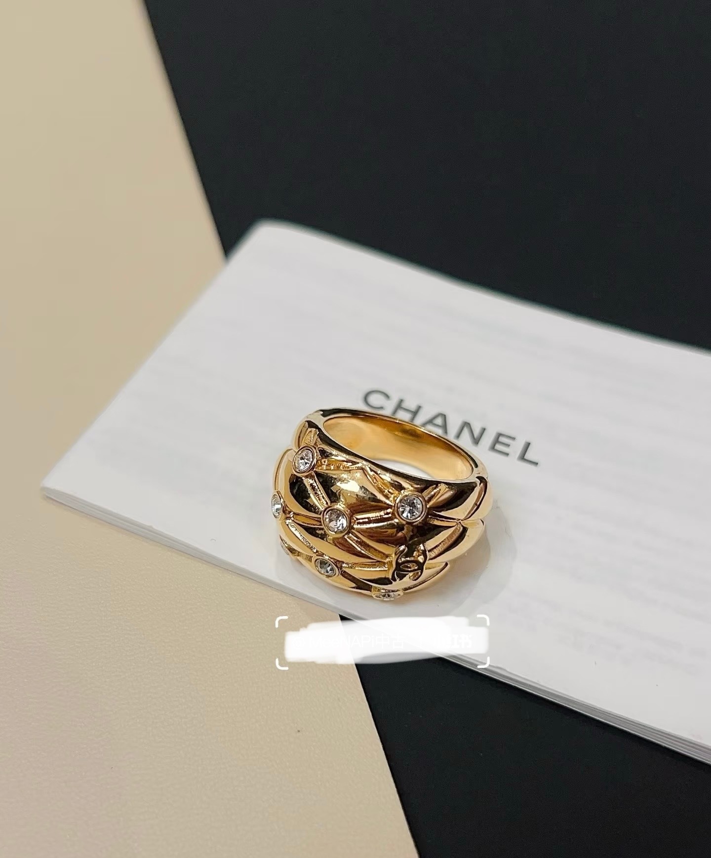 Chanel-Inspired Vintage Quilted Gold Ring with Diamond Detailing Luxury Statement Band