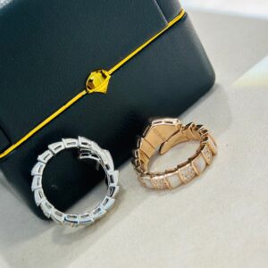 Bvlgari-Inspired Serpenti Ring Sterling Silver White Mother-of-Pearl Snake Head Diamond Open Band