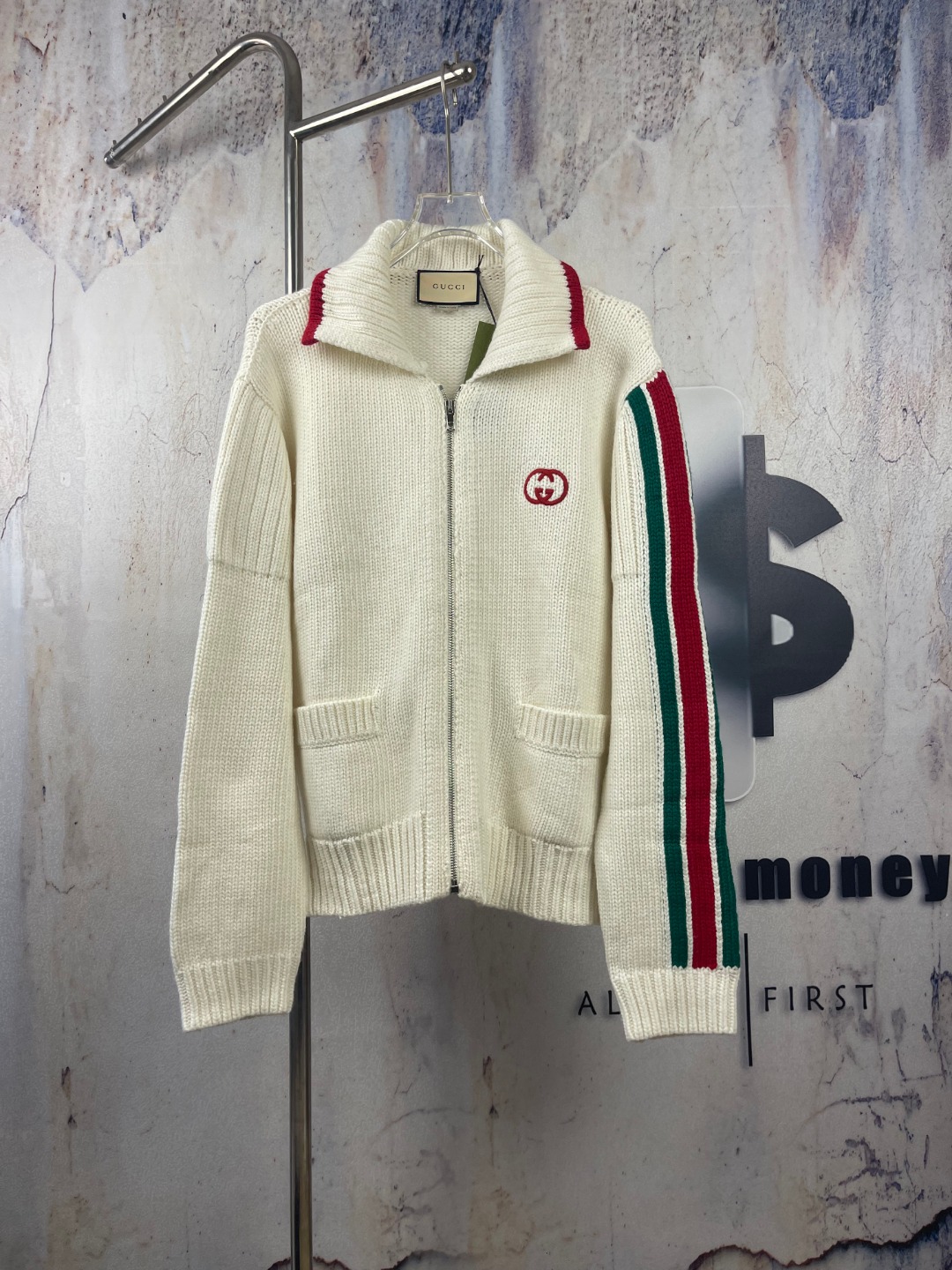 Gucci GU918 Christmas Green Red Wool Ribbon Cardigan Premium Knit Coat