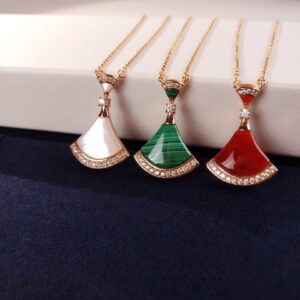 BV Bulgari Natural Red Agate Fan Necklace 18K Gold Plated Pendant