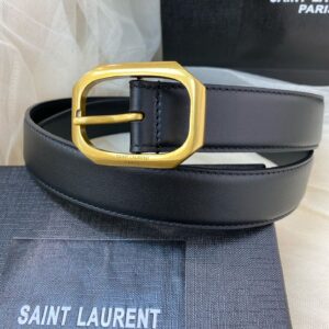SAINT LAURENT Italian Calfskin Square Buckle Belt with CASSANDRE Logo Loop