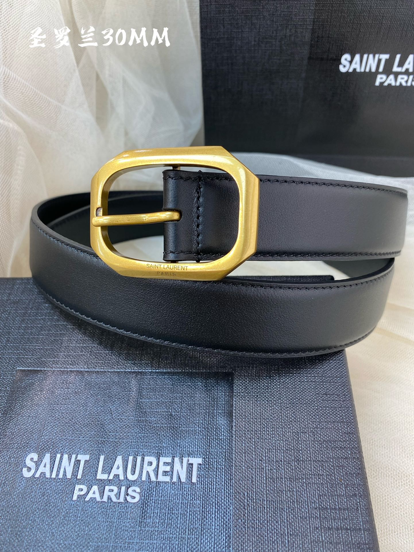 SAINT LAURENT Italian Calfskin Square Buckle Belt with CASSANDRE Logo Loop