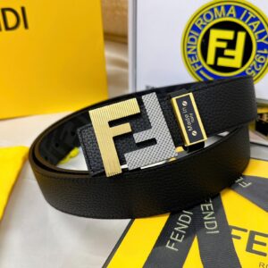 FENDI Premium Textured Leather Belt with Dual-Tone FF Buckle