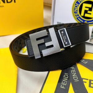 FENDI Premium Textured Cowhide Leather Belt with Silver FF Buckle