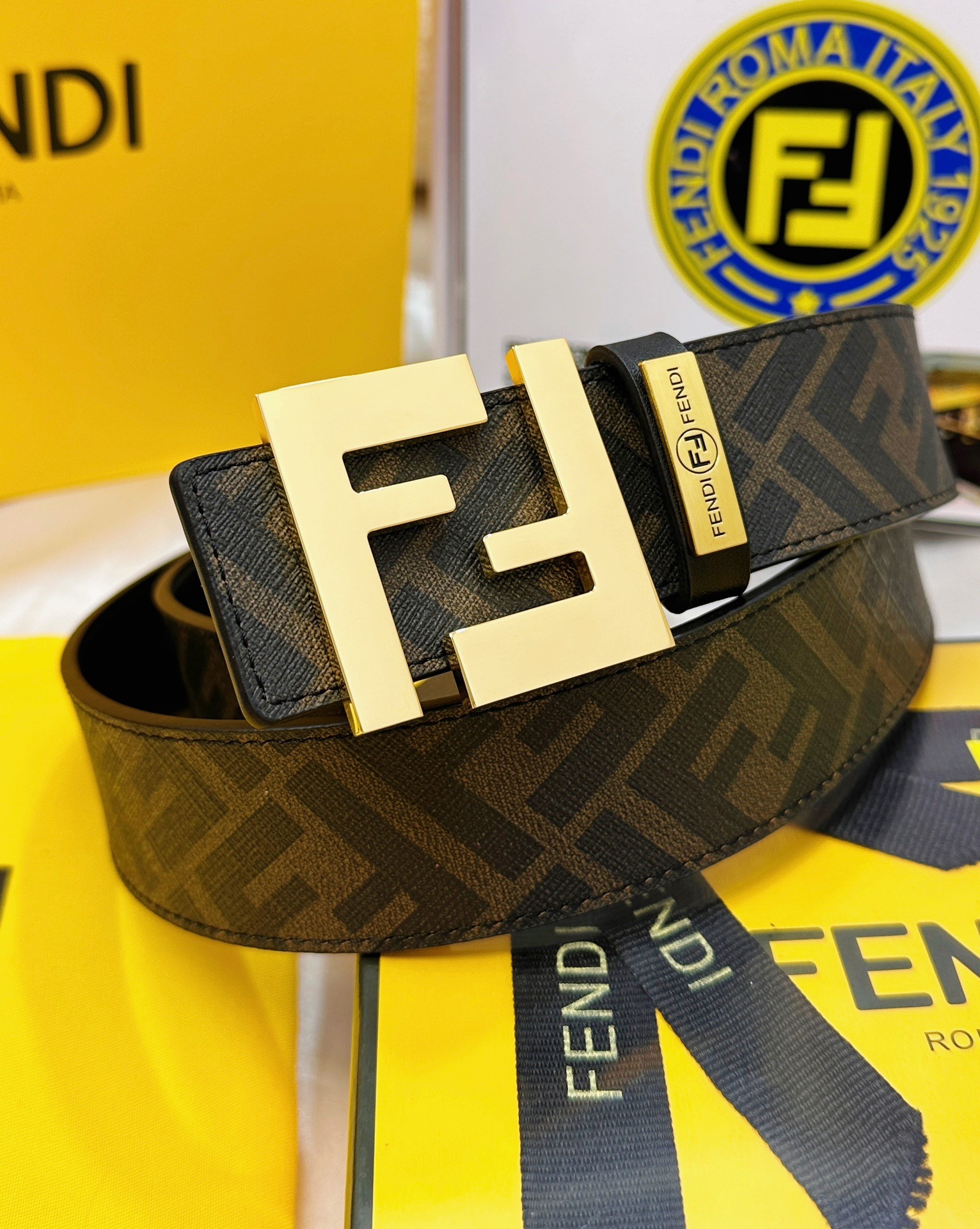 FENDI FF Monogram Gold Buckle Leather Belt for Men