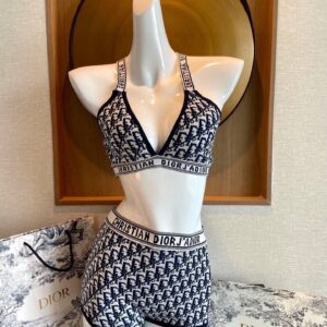 Dior Inspired Knitted Bikini Two-Piece Swimsuit Set with Monogram Print