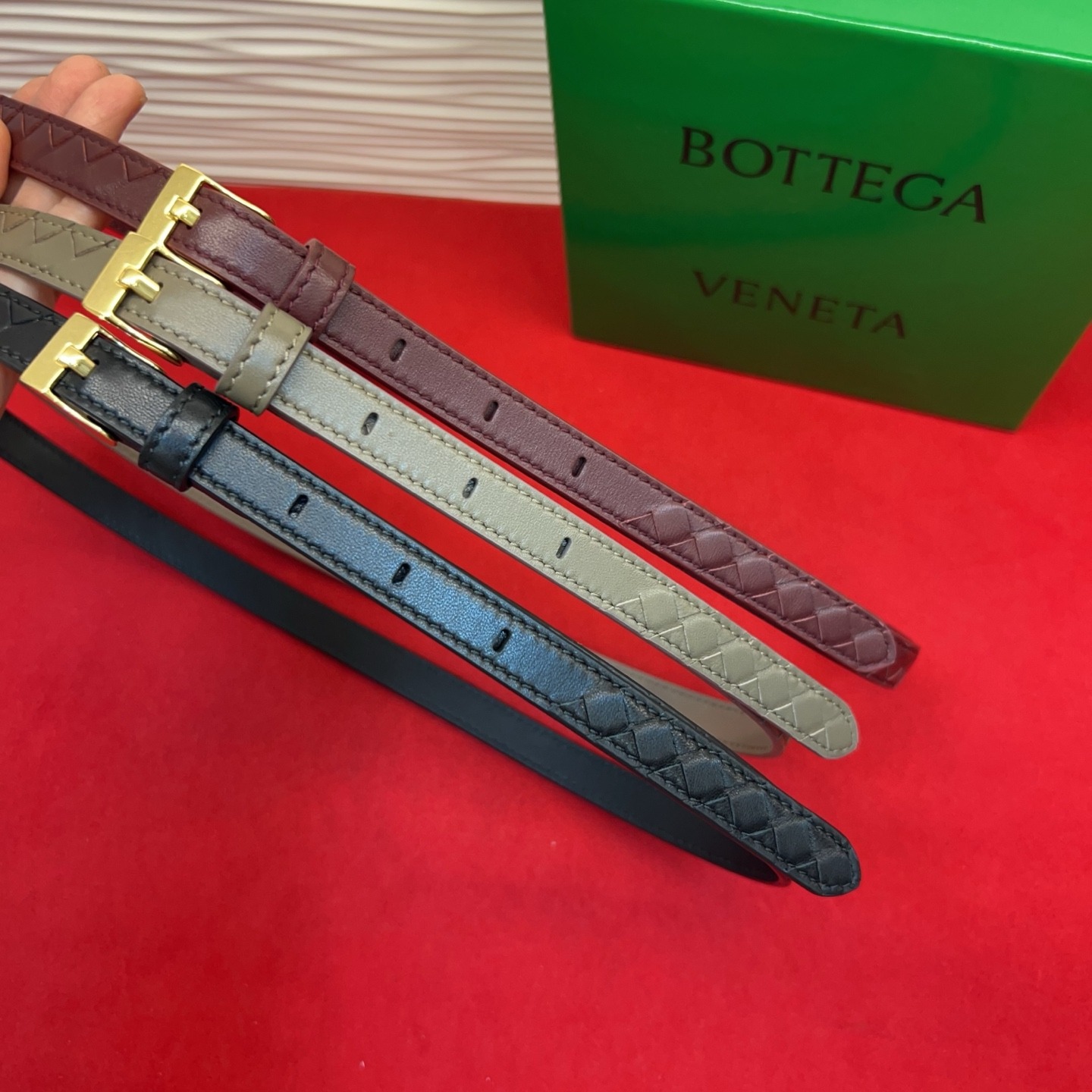 Bottega Veneta Women's Slim Leather Belt Classic Gold Buckle Luxury Waist Belt