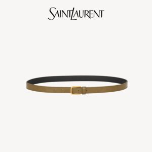 SAINT LAURENT Slim Leather Belt with Gold-Tone Buckle Olive Edition